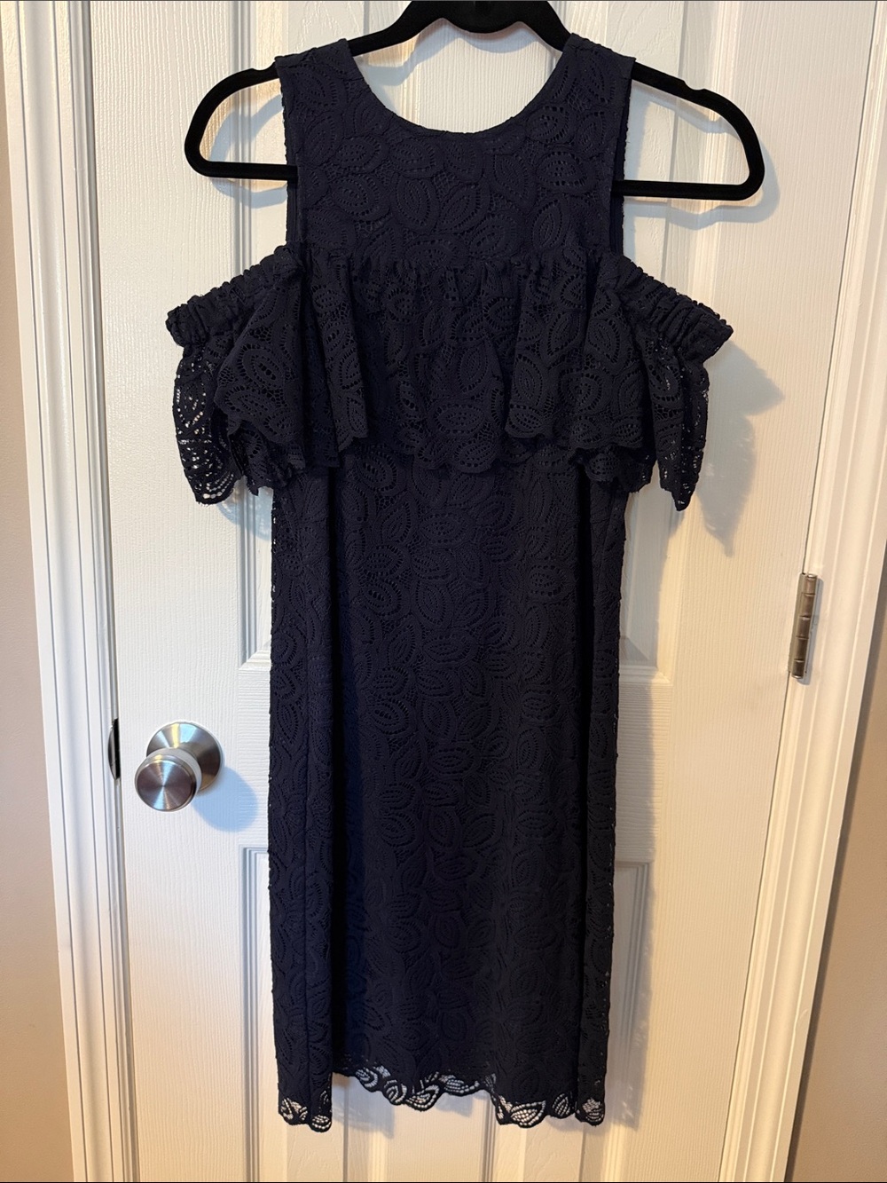 Ann Taylor Navy Cold-Shoulder Lace Midi Dress